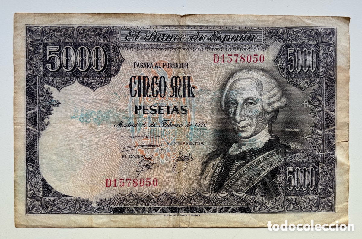 Billetes espa&ntilde;oles: Billete 5000 Pesetas 1976. Carlos III. Tinta Rotura