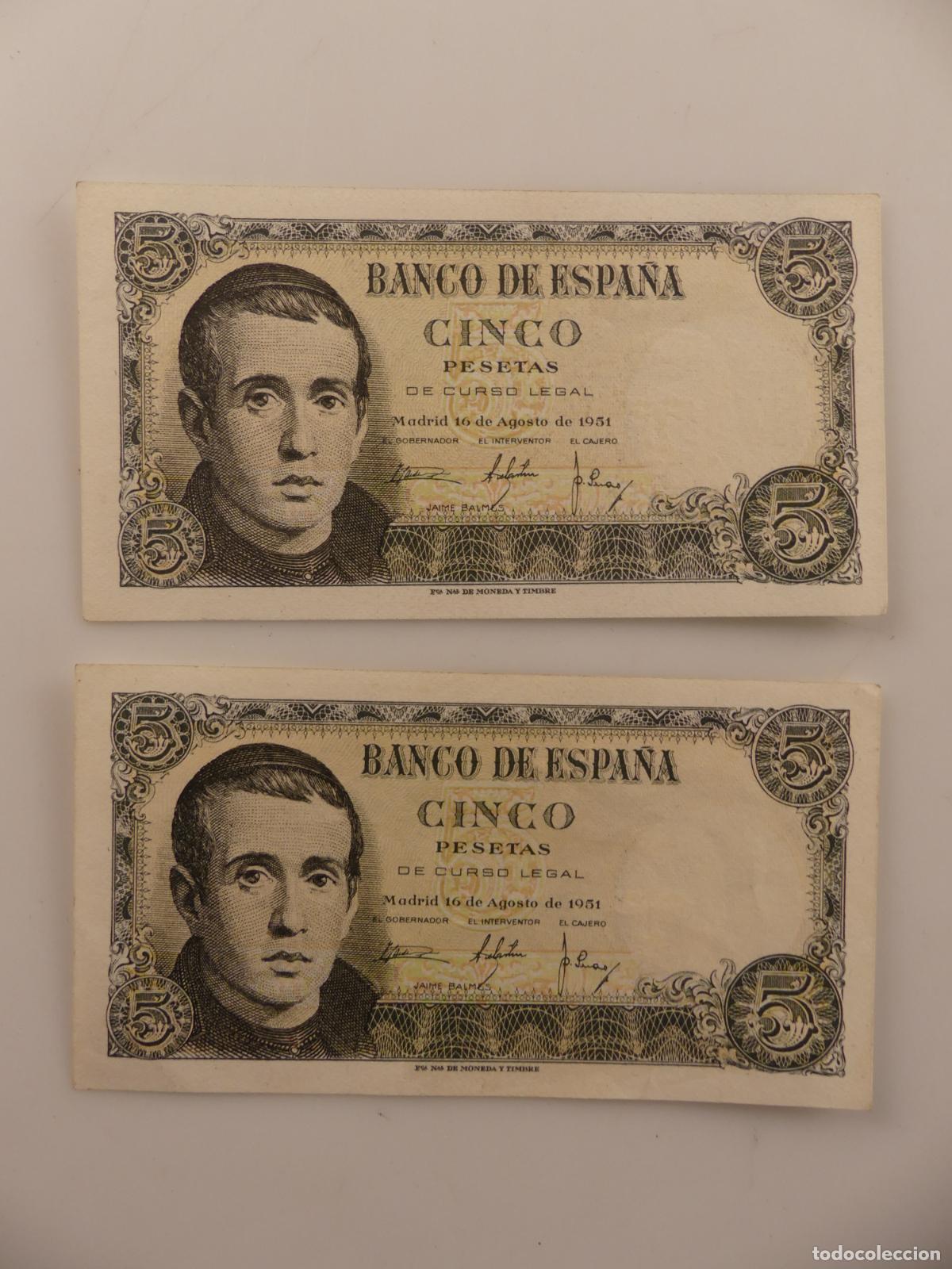 Billets espagnols: CONJUNTO DE 2 BILLETES DE 5 PESETAS A&Ntilde;O 1951 CORRELATIVOS-- REF: 15