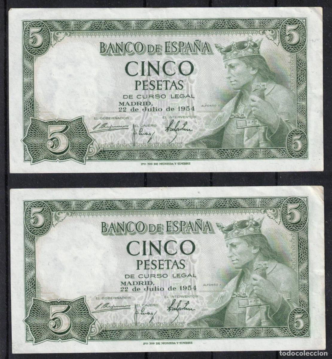 Billetes espa&ntilde;oles: PAREJA CORRELATIVA BILLETES ESPA&Ntilde;A 5 PESETAS ALFONSO X 1954 - SERIE N - MBC