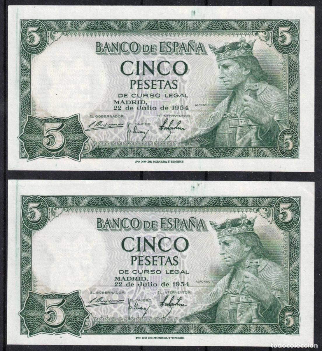 Billetes espa&ntilde;oles: PAREJA CORRELATIVA BILLETES ESPA&Ntilde;A 5 PESETAS ALFONSO X 1954 - SERIE Q - SC