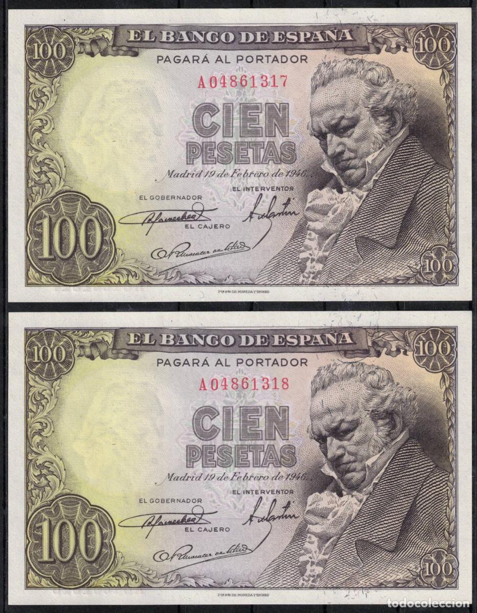 Billetes espa&ntilde;oles: PAREJA CORRELATIVA BILLETES ESPA&Ntilde;A 100 PESETAS 1946 GOYA - SERIE A - SC-