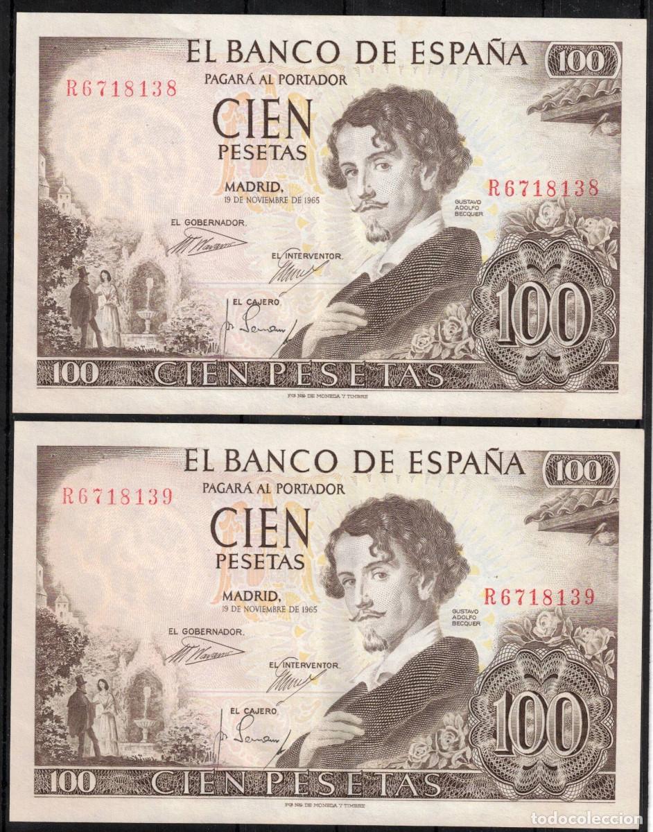 Billetes espa&ntilde;oles: PAREJA CORRELATIVA BILLETES ESPA&Ntilde;A 100 PESETAS 1965 BECQUER - SERIE R - EBC+