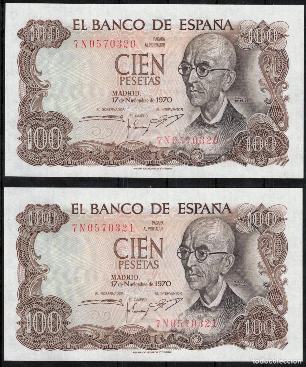 Billetes espa&ntilde;oles: PAREJA BILLETES ESPA&Ntilde;A 100 PESETAS 1970 FALLA - SERIE 7N - SIN CIRCULAR PLANCHA