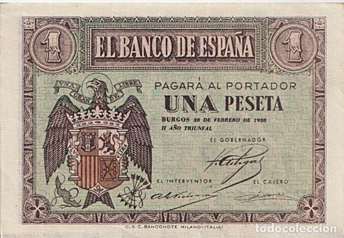Billetes espa&ntilde;oles: Estado Espa&ntilde;ol: 1 peseta Febrero 1938 Burgos, Ser. E./ Sin Circular o casi/ El de las fotos.