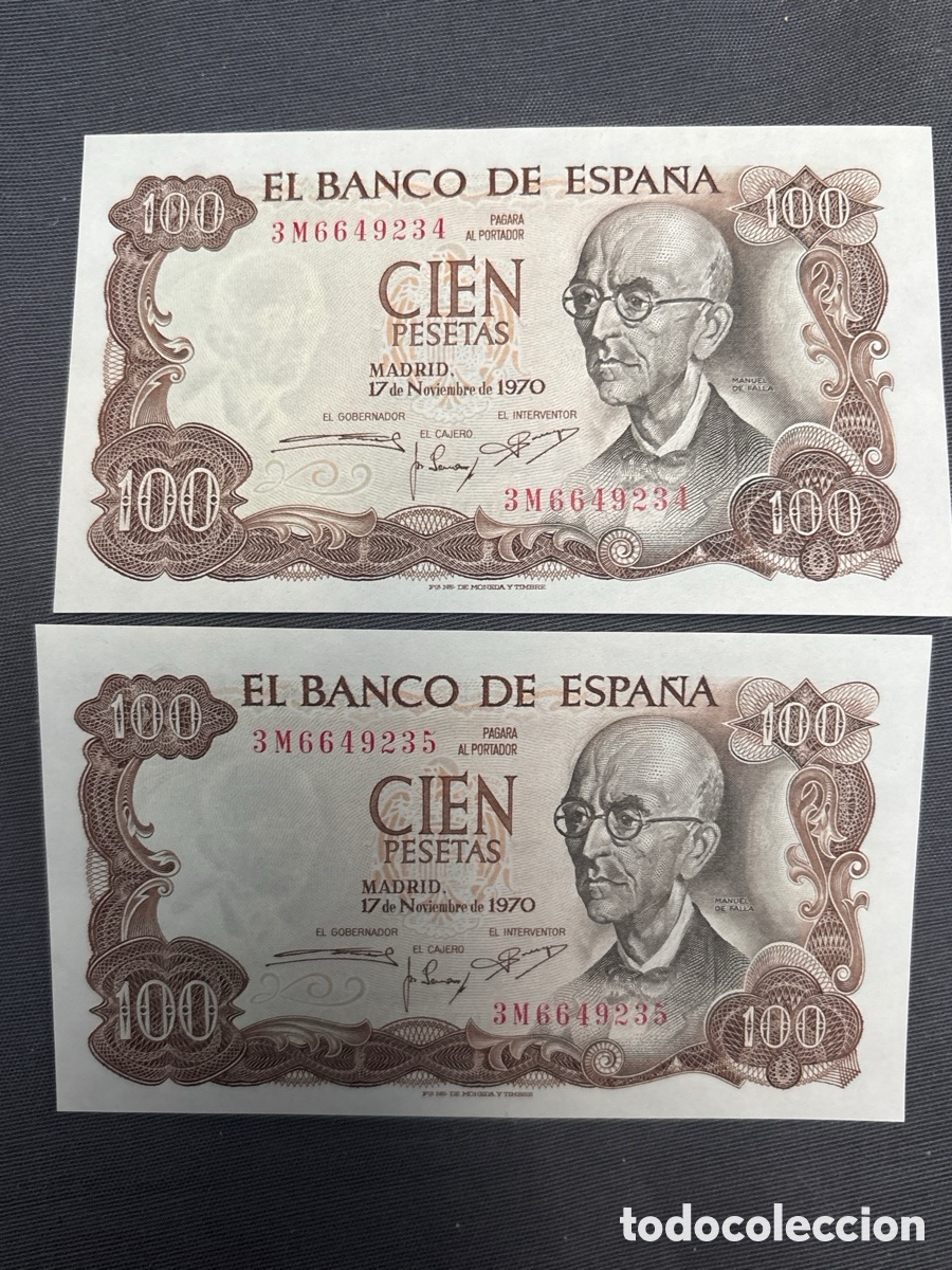 Spanish Banknotes: 2 Billetes CORRELATIVOS Sin Circular 100 PESETAS de 1970 (Manuel de Falla)