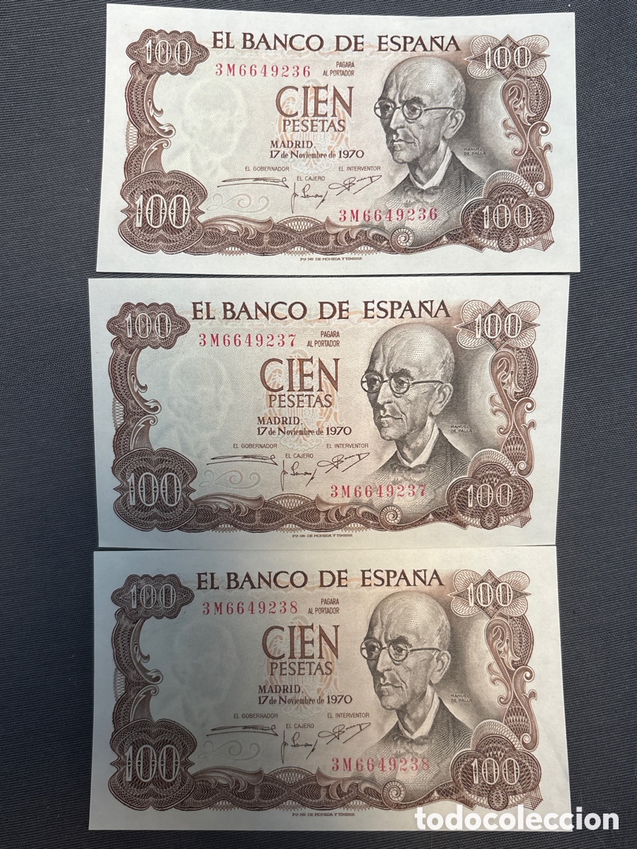 Spanish Banknotes: 3 Billetes CORRELATIVOS Sin Circular 100 PESETAS de 1970 (Manuel de Falla)