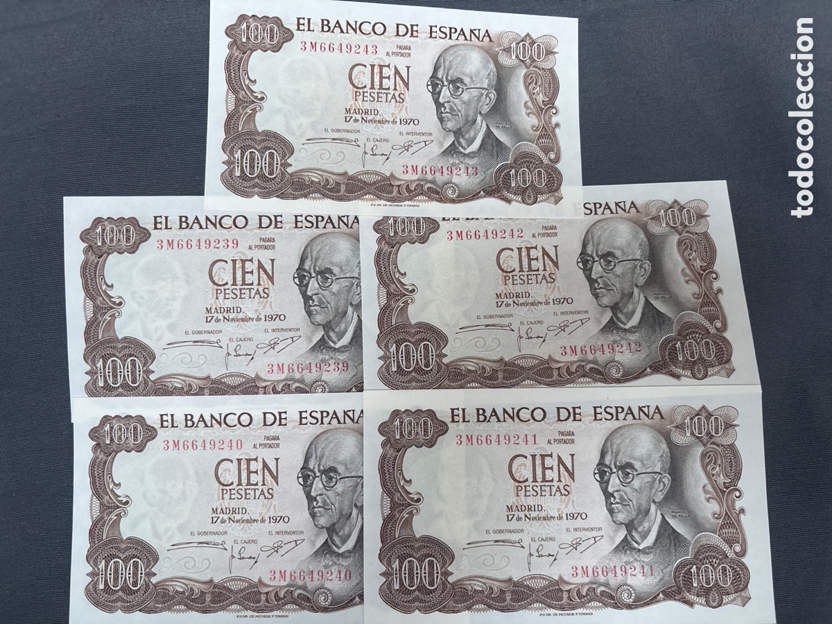 Spanish Banknotes: 5 Billetes CORRELATIVOS Sin Circular 100 PESETAS de 1970 (Manuel de Falla)
