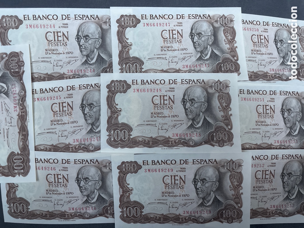 Spanish Banknotes: 10 Billetes CORRELATIVOS Sin Circular 100 PESETAS de 1970 (Manuel de Falla)