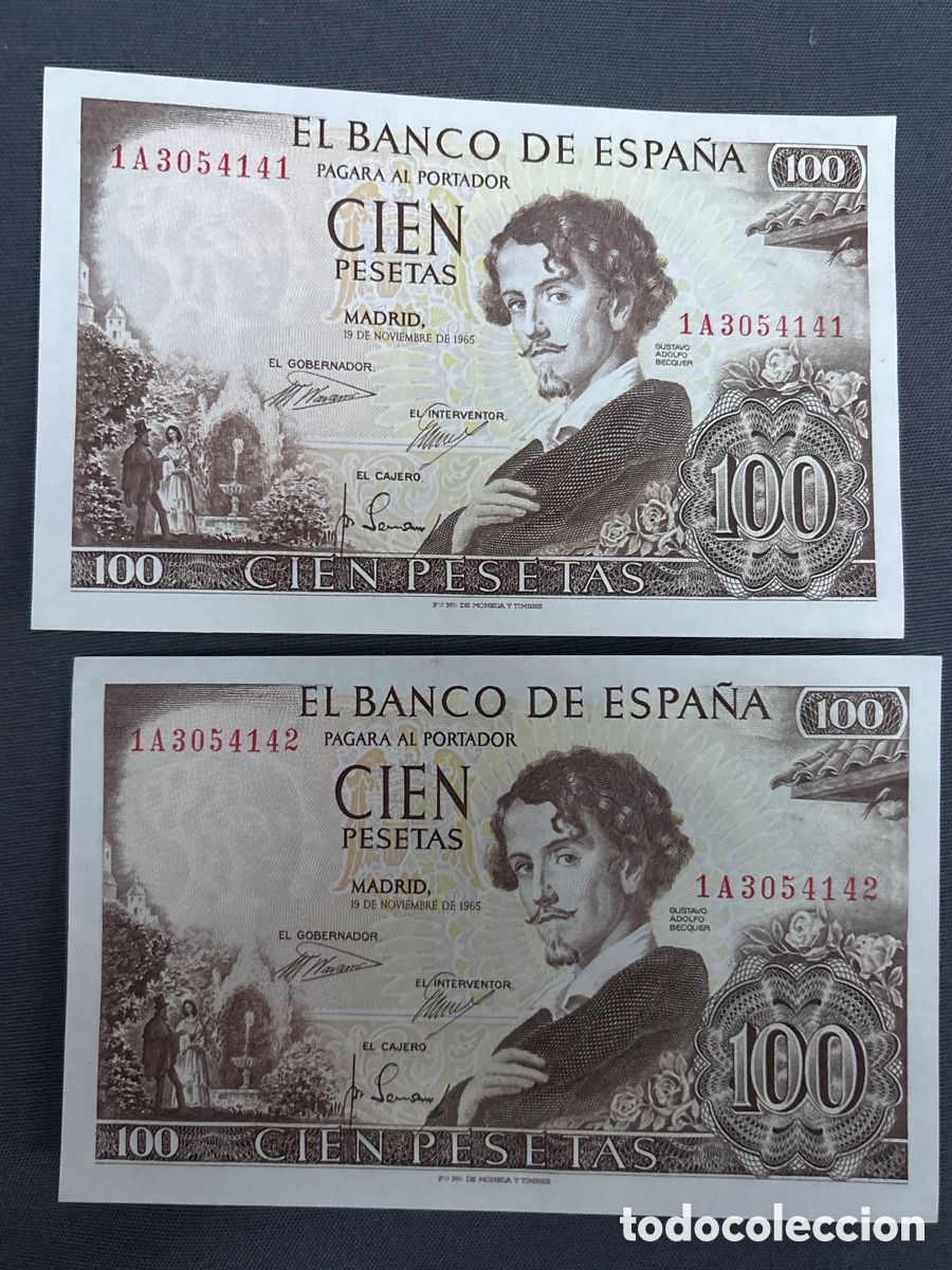 Spanish Banknotes: 2 Billetes CORRELATIVOS Sin Circular 100 PESETAS de 1965 (Gustavo Adolfo Becquer)