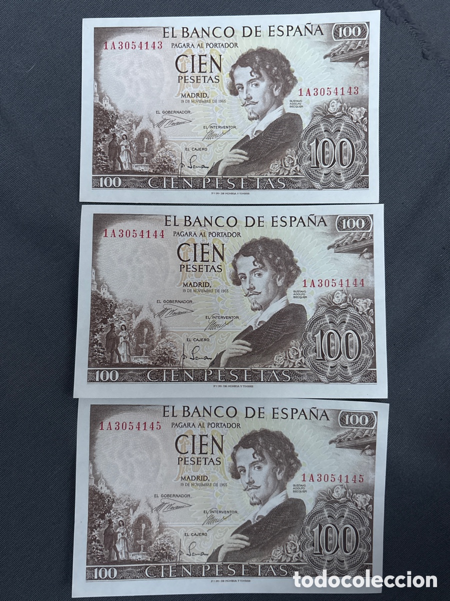 Billets espagnols: 3 Billetes CORRELATIVOS Sin Circular 100 PESETAS de 1965 (Gustavo Adolfo Becquer)