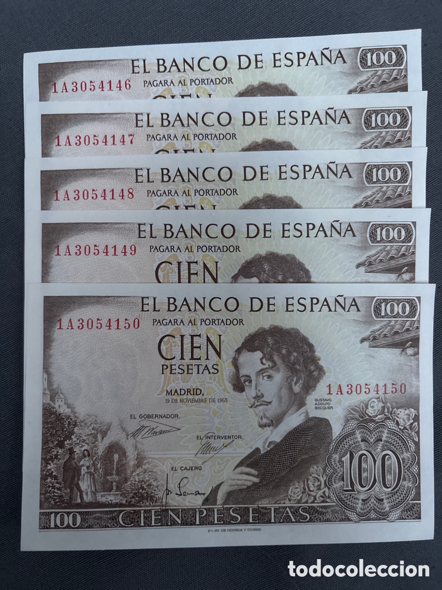 Billets espagnols: 5 Billetes CORRELATIVOS Sin Circular 100 PESETAS de 1965 (Gustavo Adolfo Becquer)