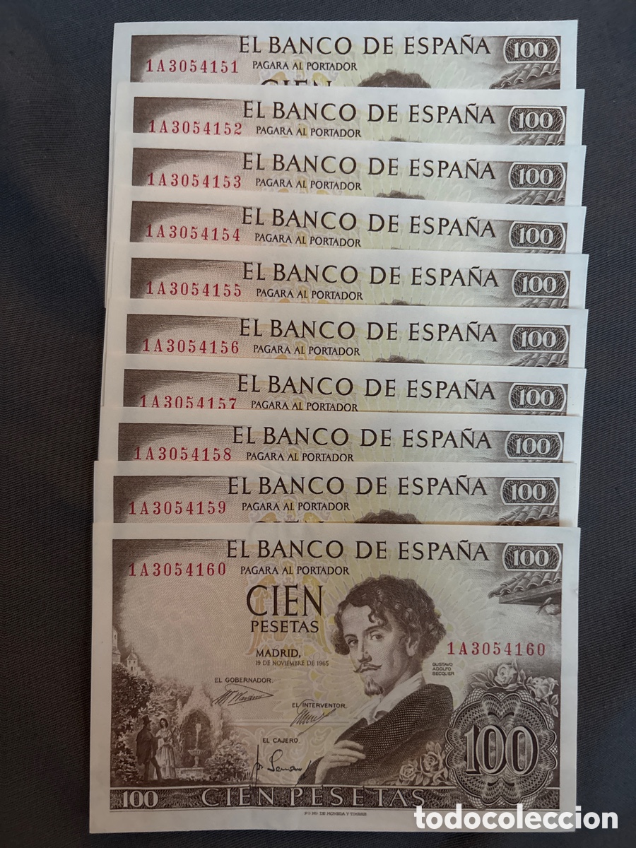 Billets espagnols: 10 Billetes CORRELATIVOS Sin Circular 100 PESETAS de 1965 (Gustavo Adolfo Becquer)