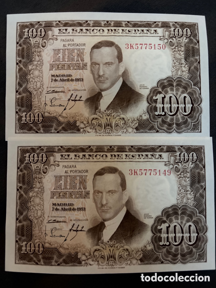 Billets espagnols: 2 Billetes CORRELATIVOS Sin Circular 100 PESETAS de 1953 (Julio Romero de Torres)