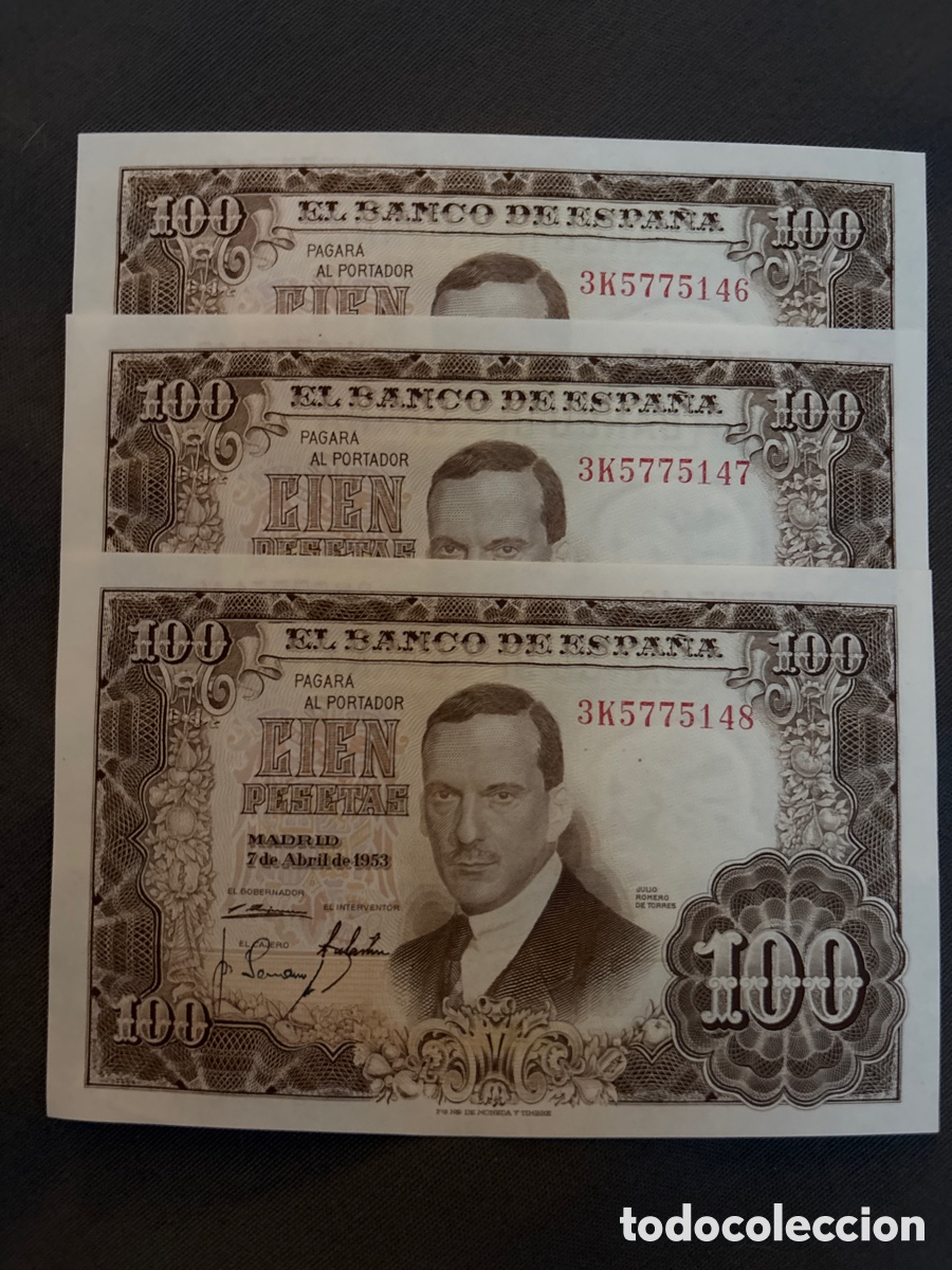 Billets espagnols: 3 Billetes CORRELATIVOS Sin Circular 100 PESETAS de 1953 (Julio Romero de Torres)