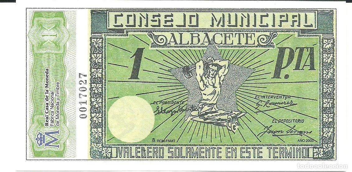 Notas espanholas: Facsimil del Billete de 1 pts de Albacete -Guerra Civil- Casa de la Moneda FNMT