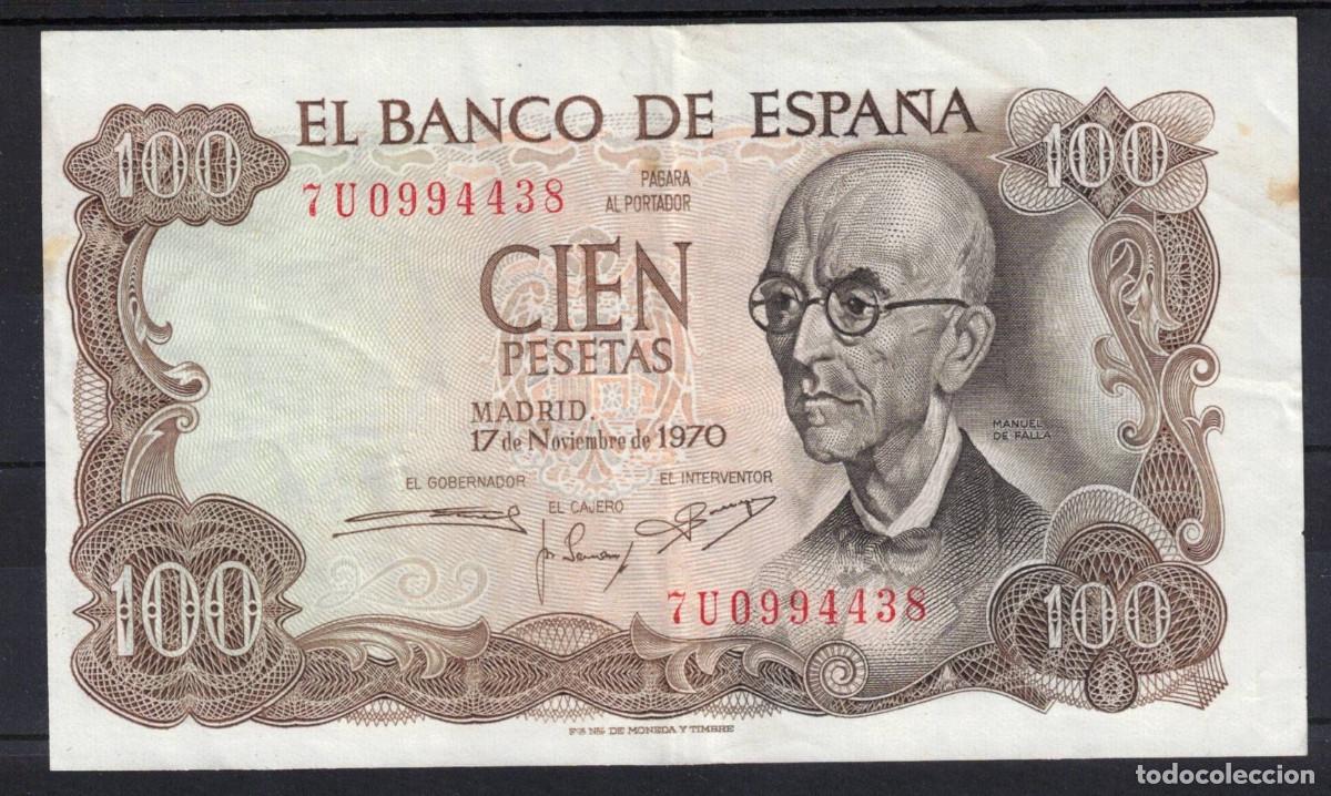 Billetes espa&ntilde;oles: BILLETE ESPA&Ntilde;A 100 PESETAS 1970 FALLA ERROR DESCENTRADO - SERIE 7U