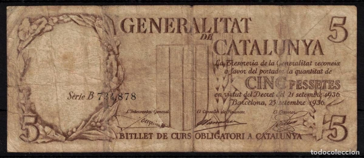 Billetes espa&ntilde;oles: BILLETE GENERALITAT DE CATALU&Ntilde;A 5 PESETAS 1936 - SERIE B