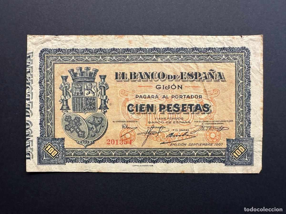 Notas espanholas: a&ntilde;o 1937 - 100 PESETAS DEL BANCO DE ESPA&Ntilde;A DE GIJ&Oacute;N - BILLETE LOCAL - GUERRA CIVIL