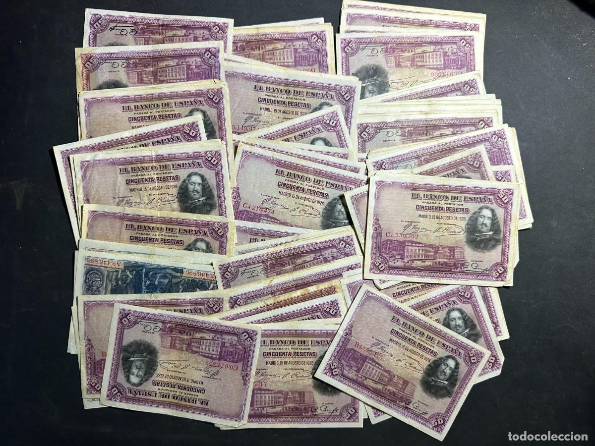 Notas espanholas: a&ntilde;o 1928 - LOTE DE DECENAS DE BILLETES DE 50 PESETAS - VELAZQUEZ