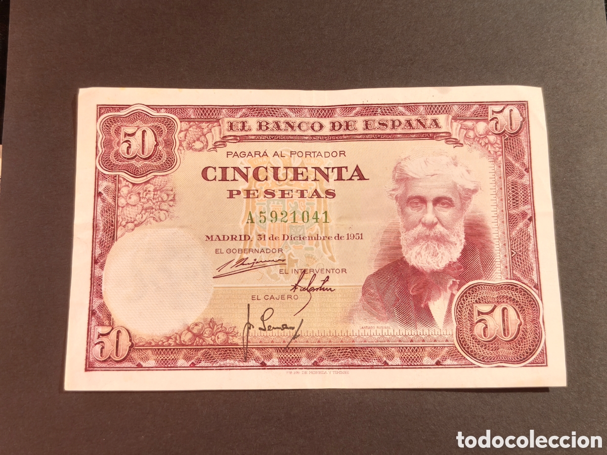 Notas espanholas: Espa&ntilde;a Billete 50 pesetas Santiago Rusi&ntilde;ol a&ntilde;o 1951 calidad MBC