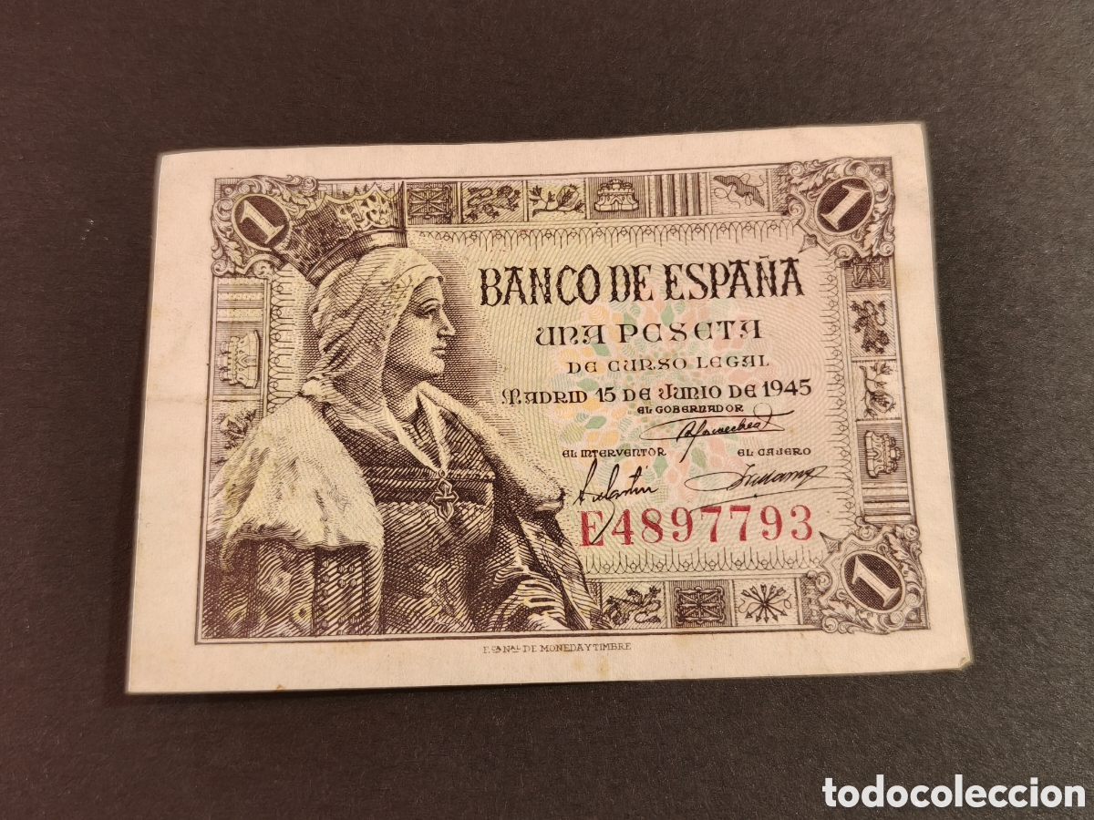 Notas espanholas: Espa&ntilde;a Billete 1 ptas Isabel a&ntilde;o 1945 calidad MBC+