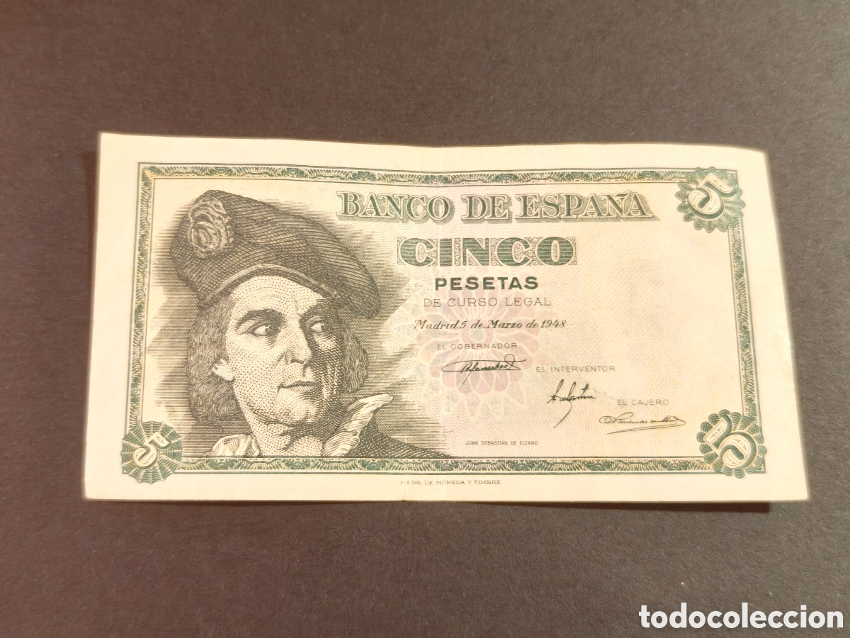 Notas espanholas: ESPA&Ntilde;A billete EDIFIL 455 5 PTAS 15 MARZO 1948 calidad EBC