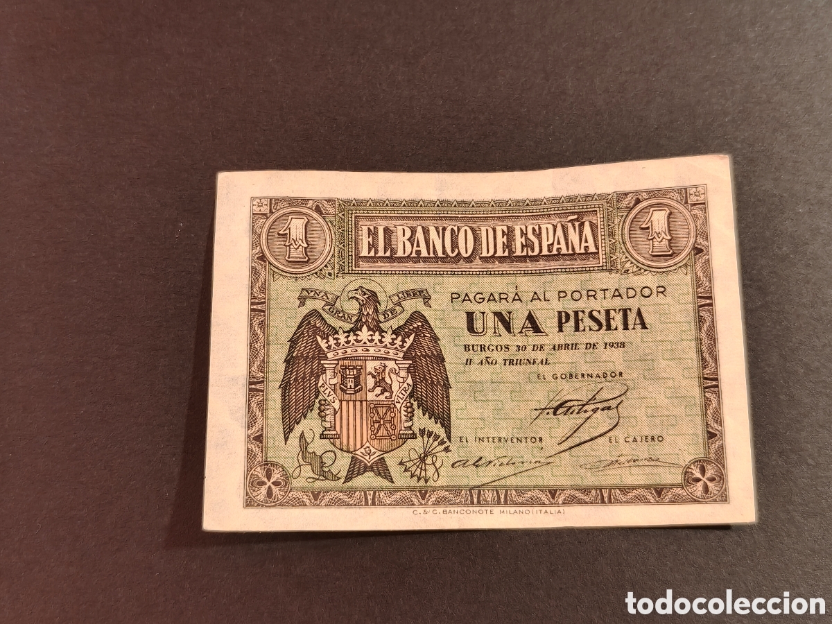 Notas espanholas: Espa&ntilde;a Billete 1 ptas a&ntilde;o 1938 serie A boblez central calidad EBC