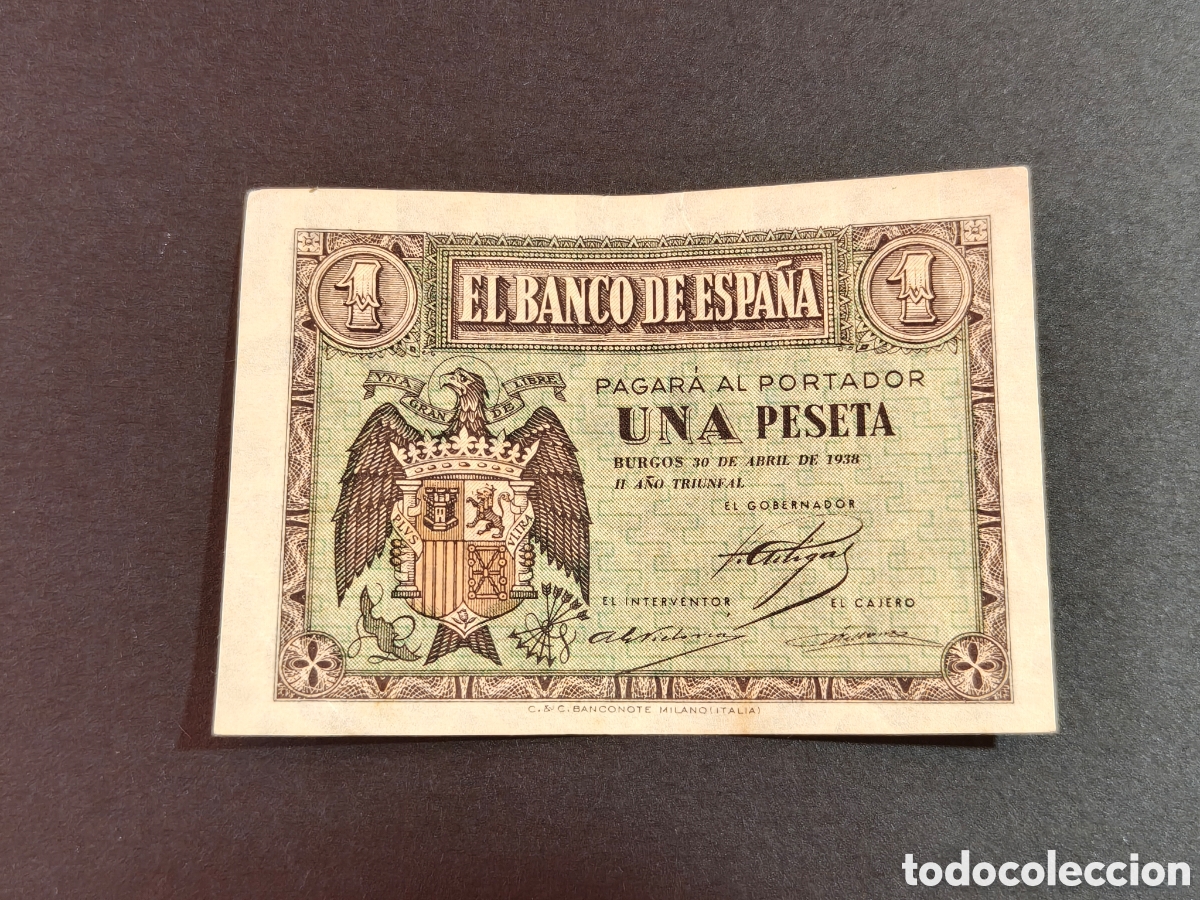 Notas espanholas: Espa&ntilde;a Billete 1 ptas a&ntilde;o 1938 serie A boblez central calidad EBC