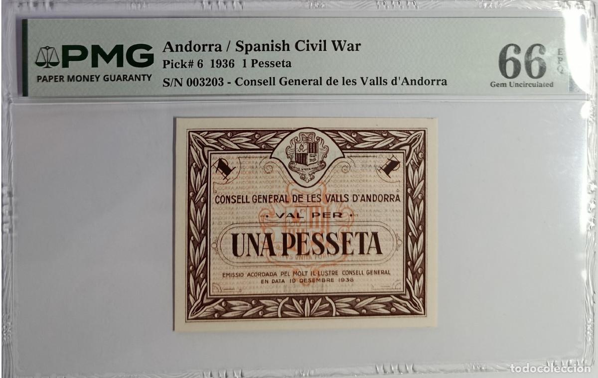 Billetes espa&ntilde;oles: ANDORRA 1 peseta 1936 (Guerra Civil Espa&ntilde;ola) UNA PESSETA PMG 66 EPQ S/N 003203