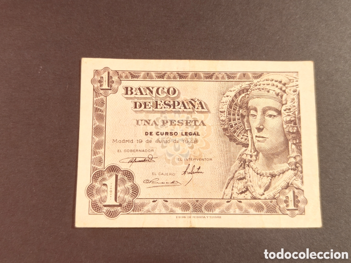 Notas espanholas: Espa&ntilde;a Billete 1 peseta a&ntilde;o 1948 EBC ligera boblez central