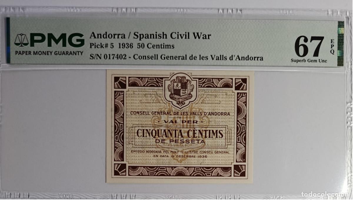 Billetes espa&ntilde;oles: ANDORRA 50 centims 1936 (Guerra Civil Espa&ntilde;ola) PMG 67 EPQ S/N 017402