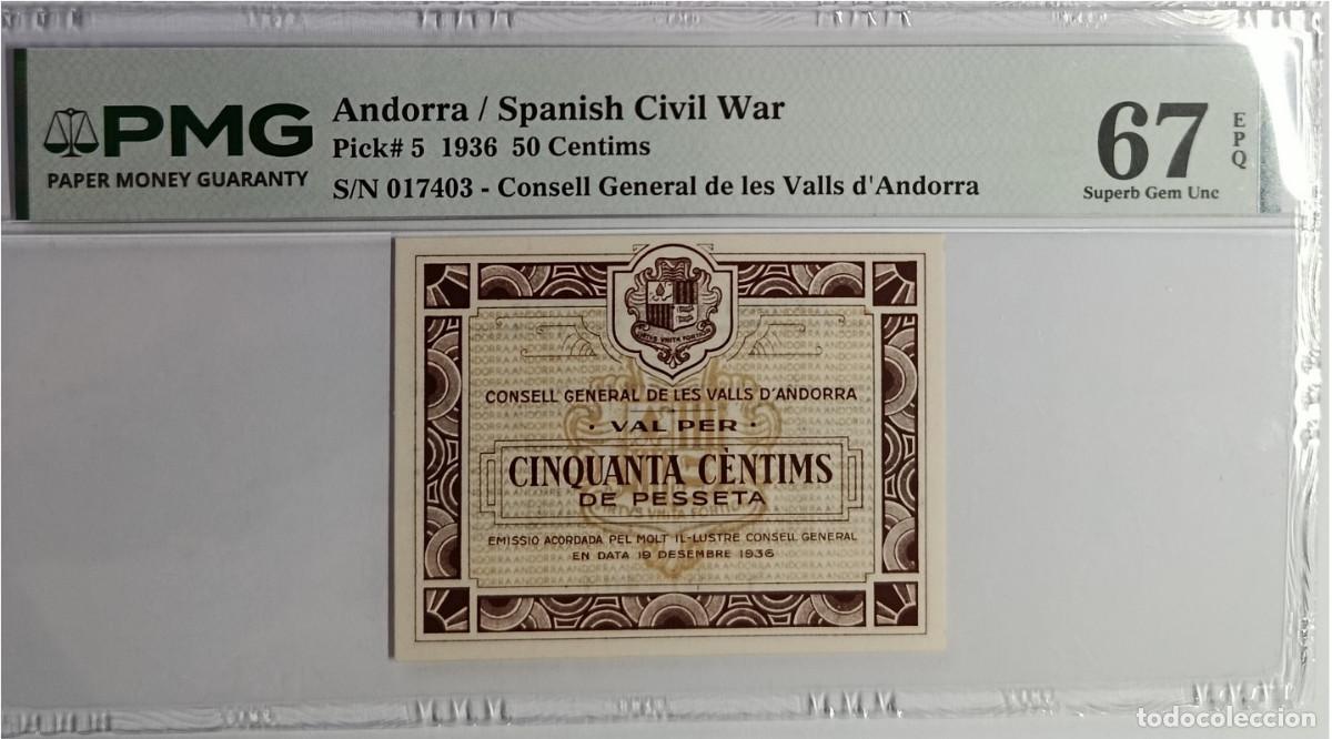 Billetes espa&ntilde;oles: ANDORRA 50 centims 1936 (Guerra Civil Espa&ntilde;ola) PMG 67 EPQ S/N 017403