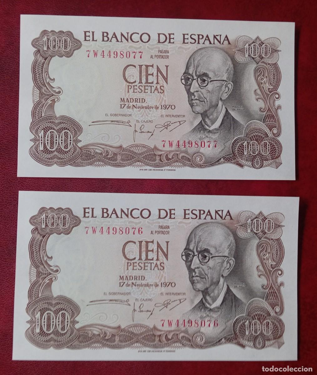 Billetes espa&ntilde;oles: 100 pesetas 1970 Pareja correlativa serie 7W &uacute;ltima serie (SC) UNC
