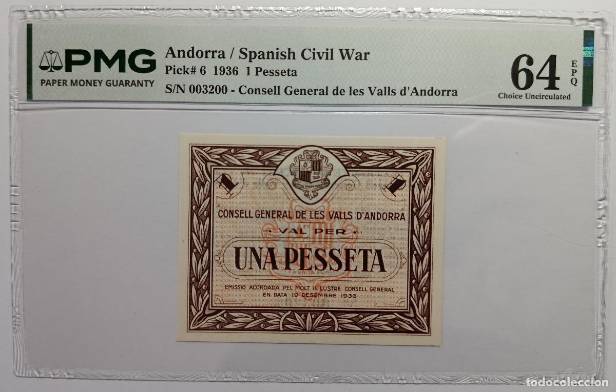 Billetes espa&ntilde;oles: ANDORRA 1 peseta 1936 (Guerra Civil Espa&ntilde;ola) - UNA PESSETA PMG 64 EPQ
