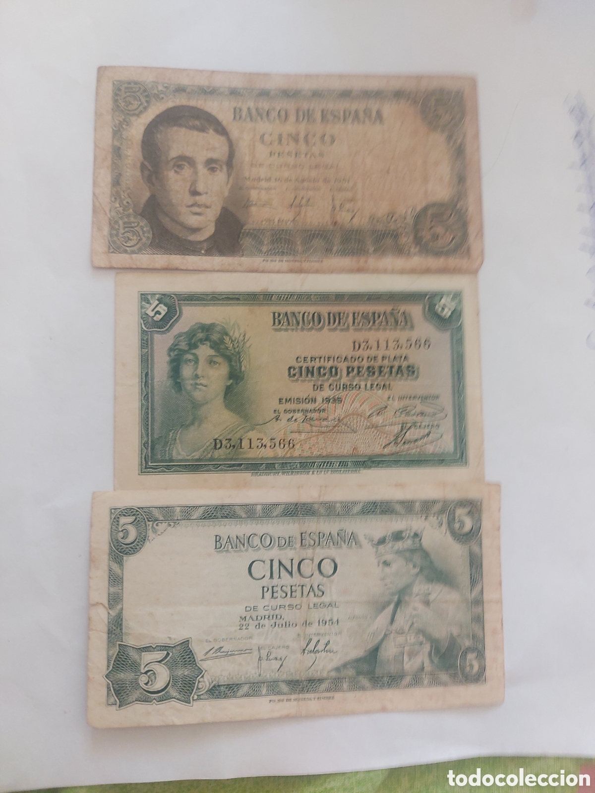 Banconote spagnole: 3 billetes de Espa&ntilde;a de 5p