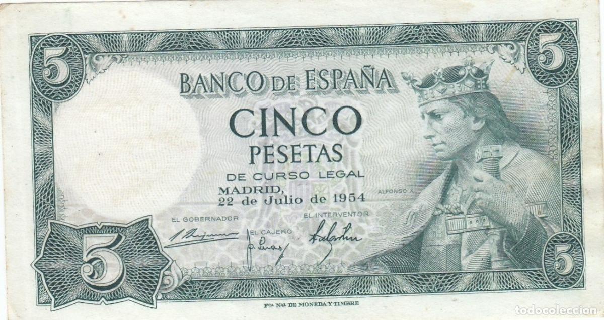 Notas espanholas: CRBS1336 BILLETE ESPA&Ntilde;A 5 PESETAS 1954 SIN SERIE MBC