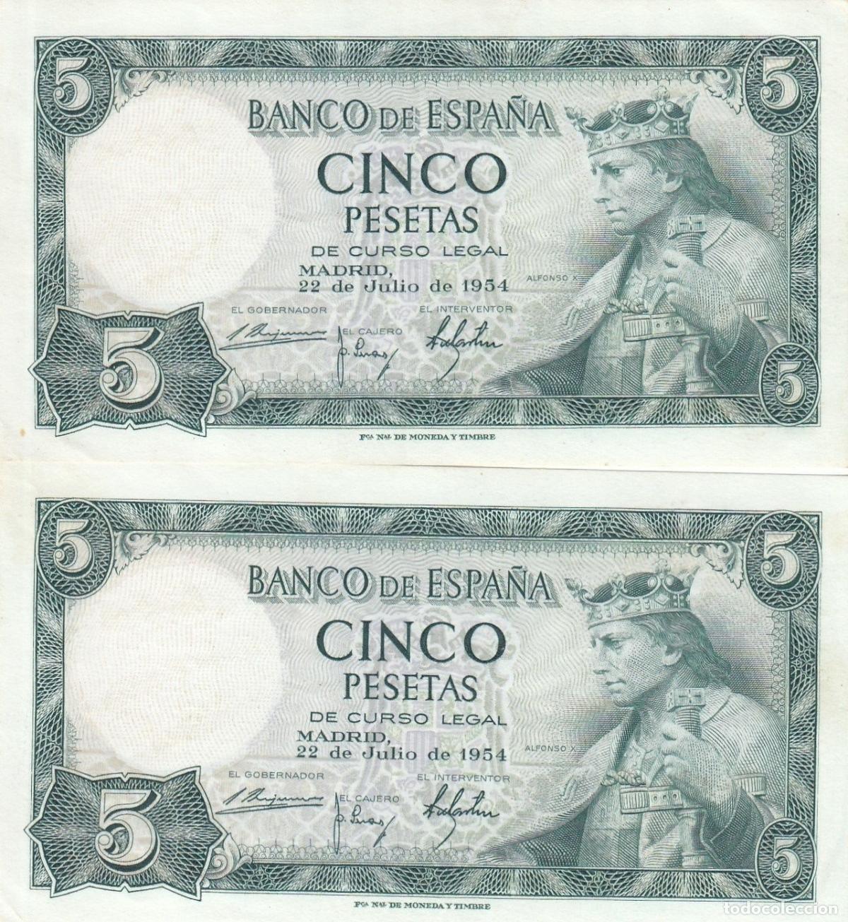 Notas espanholas: CRBS1337 PAREJA CORRELATIVA BILLETES ESPA&Ntilde;A 5 PESETA 1954 SIN SERIE EBC