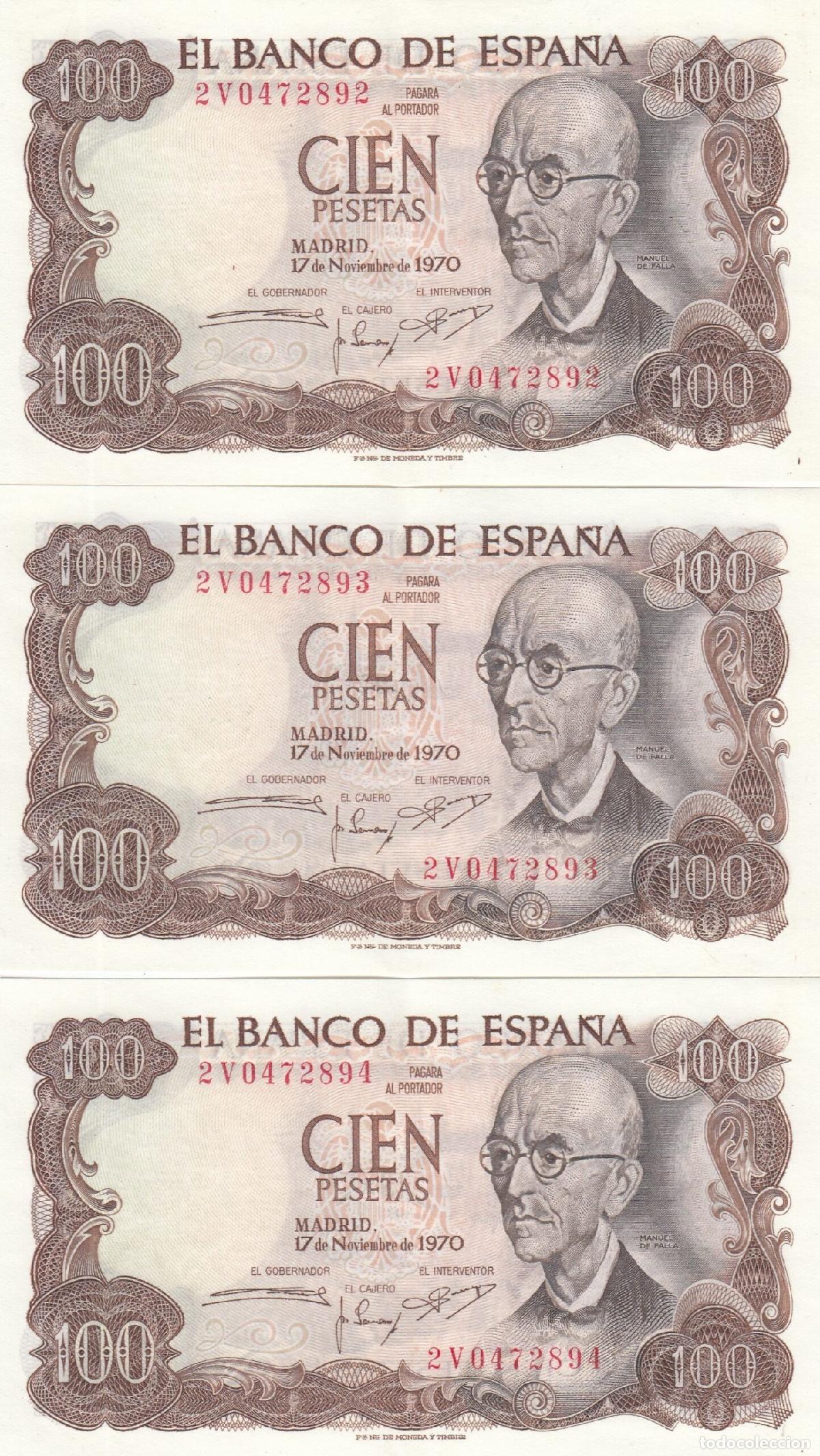 Spanische Banknoten: CRJ2482 TRIO CORRELATIVO BILLETES ESPA&Ntilde;A 100 PESETAS 1970 SERIE 2V EBC