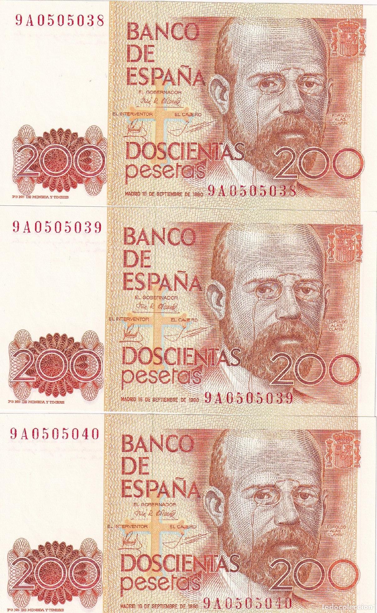 Spanische Banknoten: CRBS1441 TRIO CORRELATIVO BILLETES ESPA&Ntilde;A 200 PESETAS 1980 SERIE 9A SIN CIRCULAR