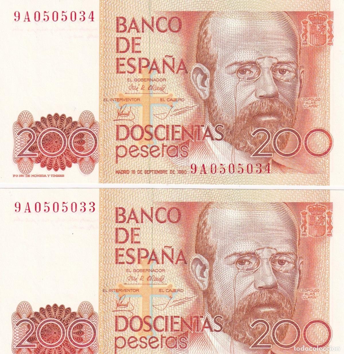 Spanische Banknoten: CRBS1442 PAREJA CORRELATIVA BILLETES ESPA&Ntilde;A 200 PESETAS 1980 SERIE 9A SIN CIRCULAR