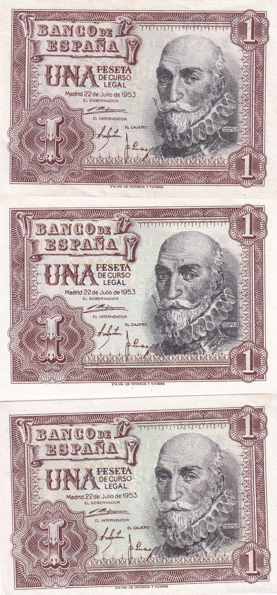 Spanische Banknoten: CRBS1482 LOTE 3 BILLETES ESPA&Ntilde;A 1 PESETA 1953 DIFERENTES SERIES MBC