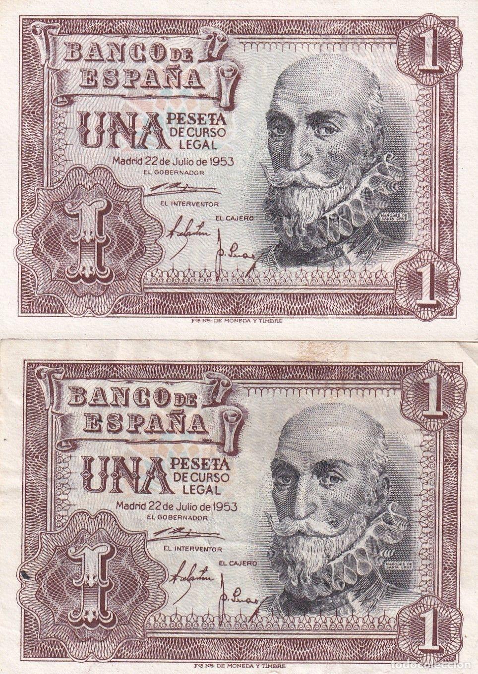 Spanische Banknoten: CRBS1484 LOTE 2 BILLETES ESPA&Ntilde;A 1 PESETA 1953 SIN SERIE MBC