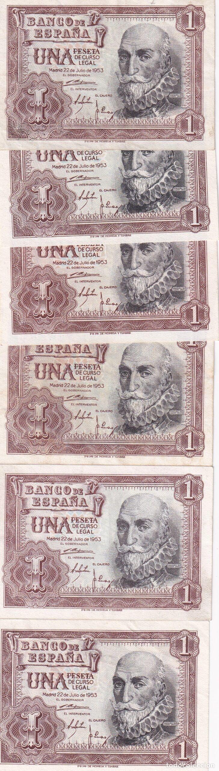 Spanische Banknoten: CRBS1486 LOTE 6 BILLETES ESPA&Ntilde;A 1 PESETA 1953 SERIE A EBC, EBC+