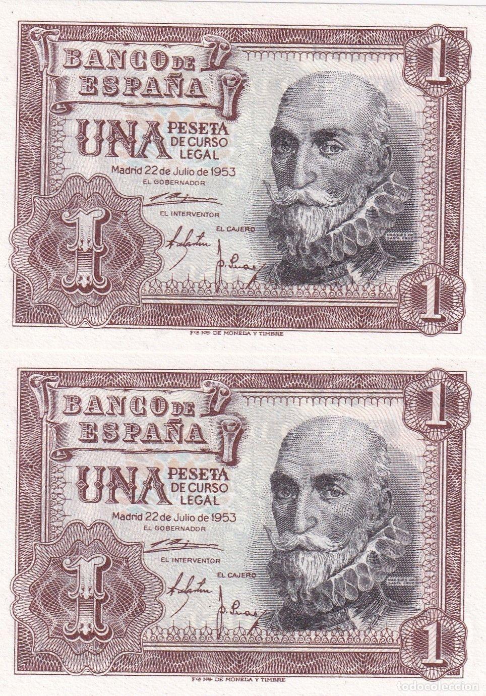 Spanische Banknoten: CRBS1489 PAREJA CORRELATIVA BILLETES ESPA&Ntilde;A 1 PESETA 1953 SERIE A S/C