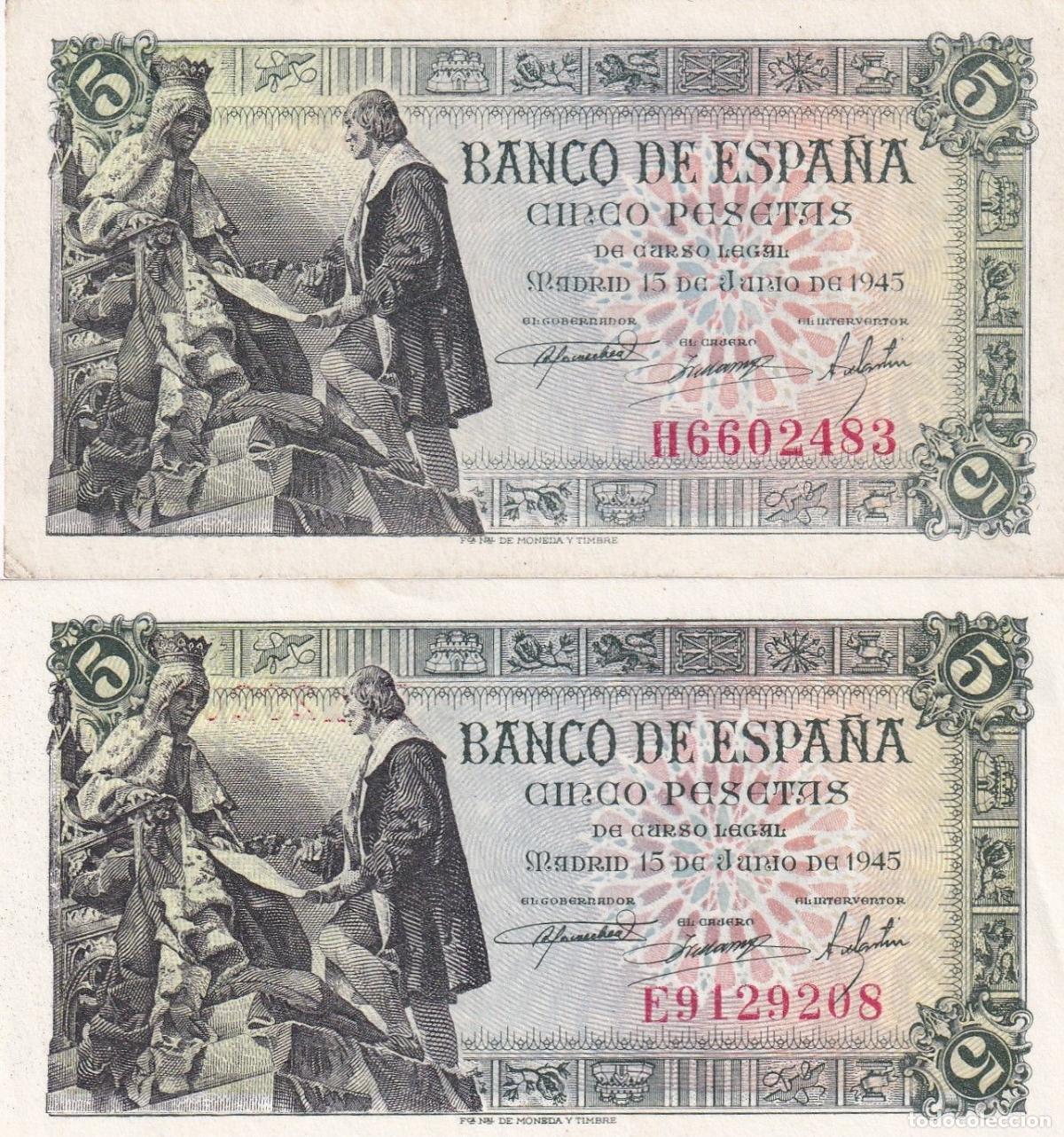 Spanische Banknoten: CRBS1496 LOTE 2 BILLETES ESPA&Ntilde;A 5 PESETAS 1945 S/C Y S/C-