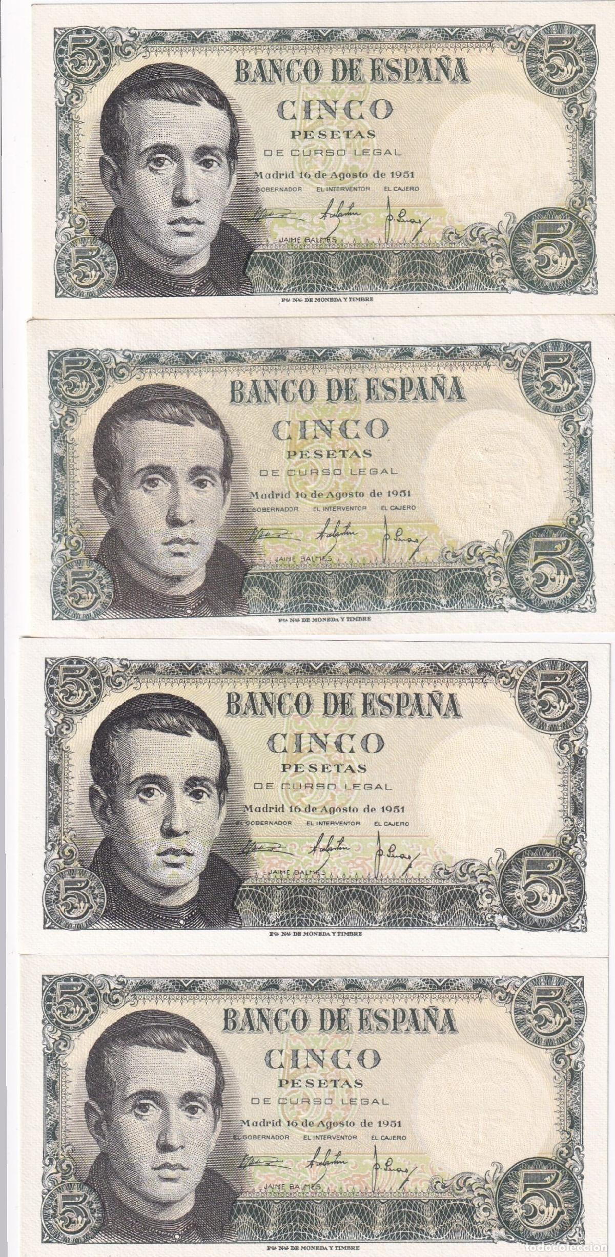 Spanische Banknoten: CRBS1501 LOTE 4 BILLETES ESPA&Ntilde;A 5 PESETAS 1951 DIFERENTES SERIES SIN CIRCULAR