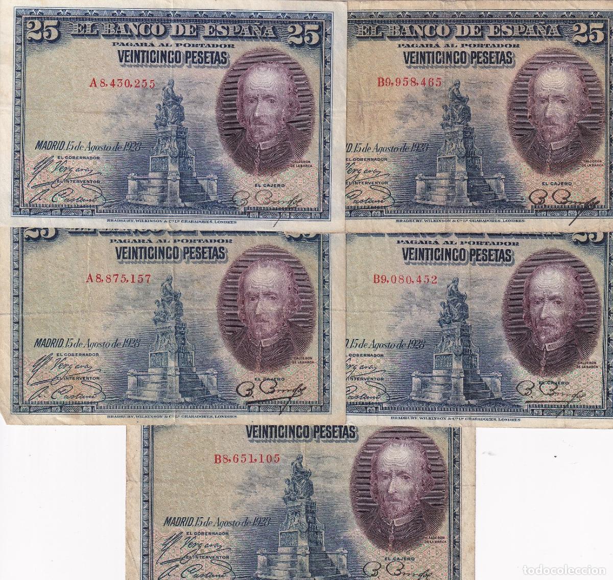 Spanische Banknoten: CRBS1512 LOTE 5 BILLETES ESPA&Ntilde;A 25 PESETAS 1928 MBC