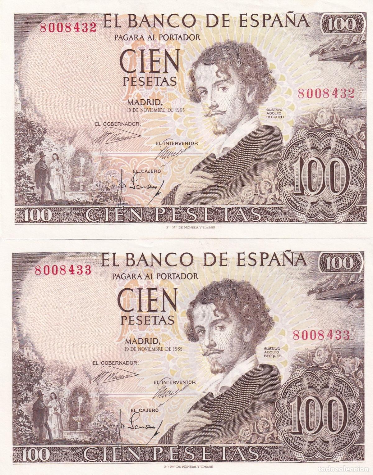 Spanische Banknoten: CRBS1532 PAREJA CORRELATIVA BILLETES ESPA&Ntilde;A 100 PESETAS 1965 SIN SERIE S/C-