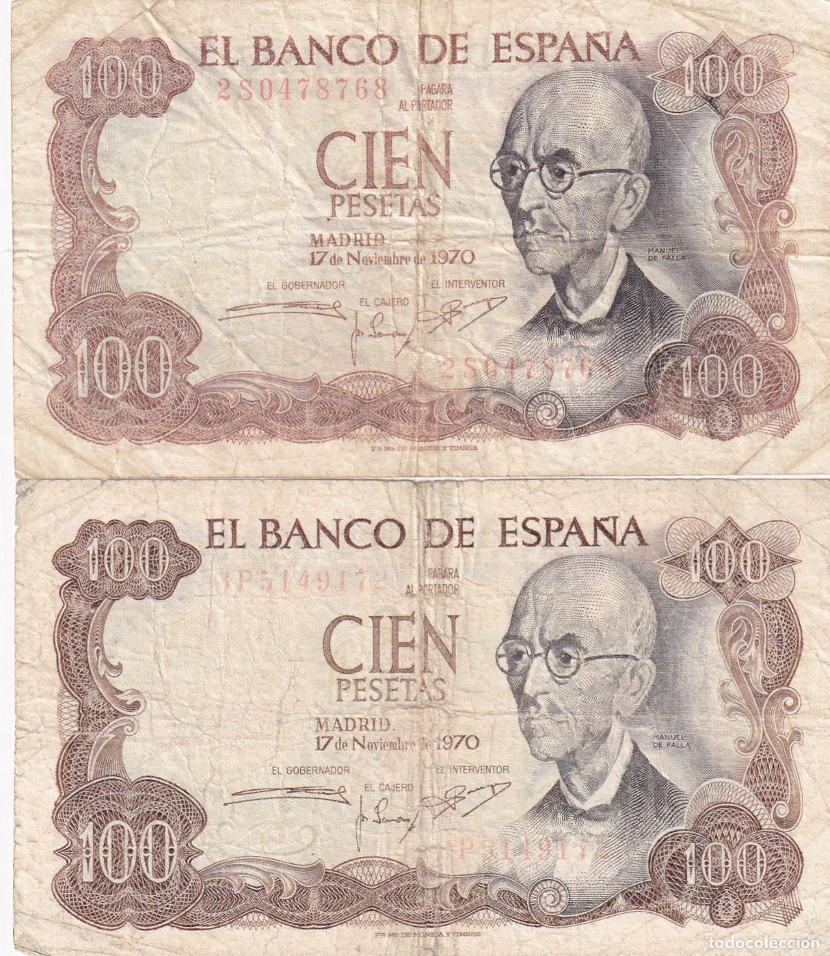 Spanische Banknoten: CRBS1540 LOTE 2 BILLETES ESPA&Ntilde;A 100 PESETAS 1970 MANIPULADOS