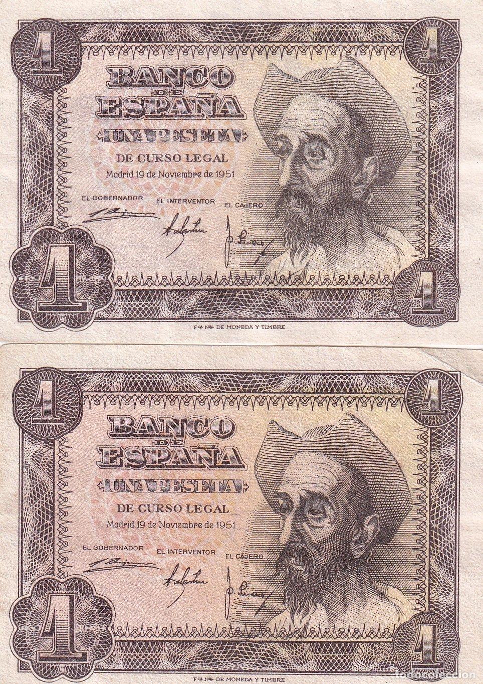 Spanish Banknotes: CRBS1624 LOTE 2 BILLETES ESPA&Ntilde;A 1 PESETA 1951 SERIE A MBC